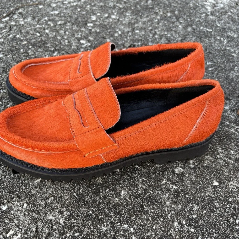 RARE!! Orange Calf Hair Chunky Penny Loafers W7 | 37 Anthropologie Bibi Lou Jaya